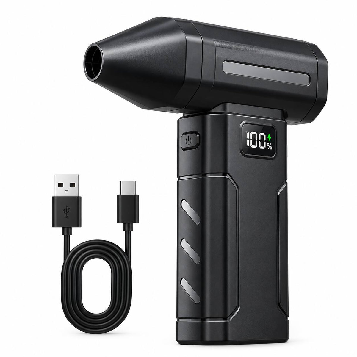 Black handheld air pump with a digital display showing 100% battery, accompanied by a black USB-C charging cable, on a solid white background.